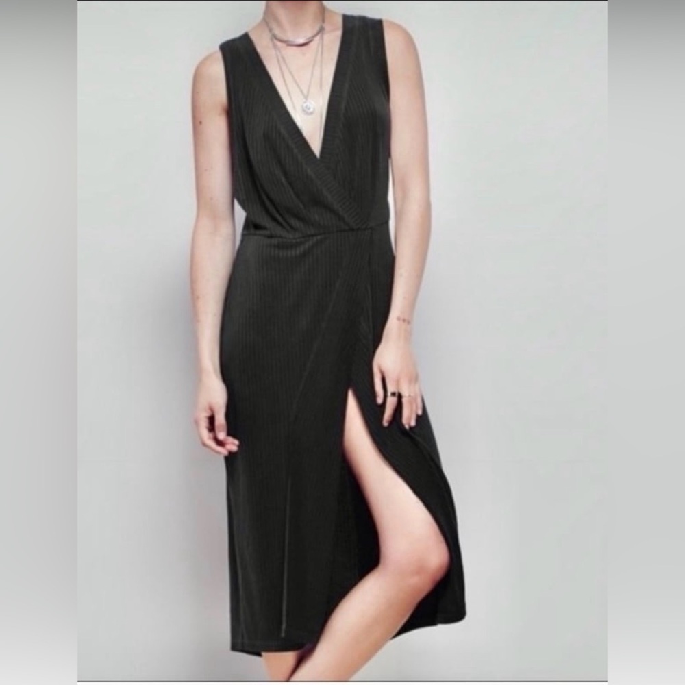 Free People Black Gray Dress  Hi Front Opening Slit Ribbed Midi Sz M